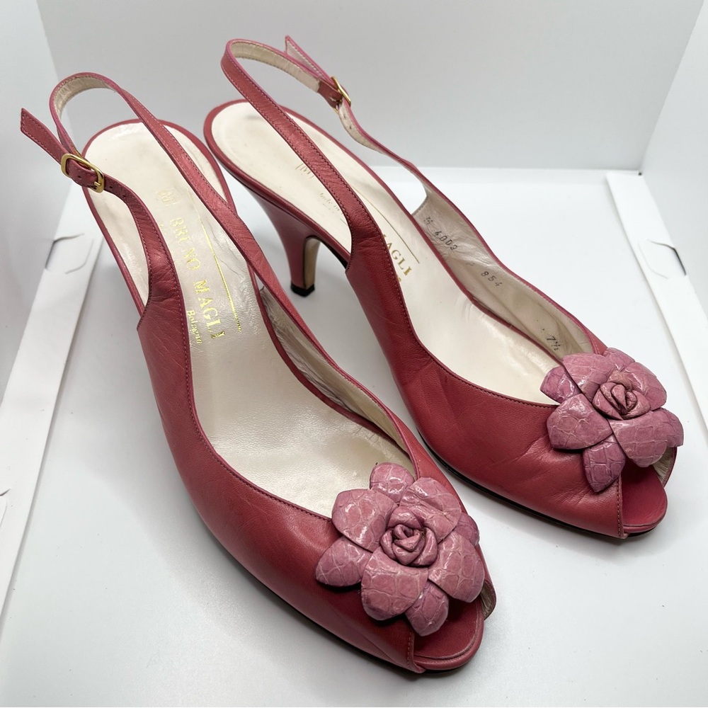 Vintage Bruno Magli Leather Rose Flower Heels Shoes Pink Slingback Italy Croc